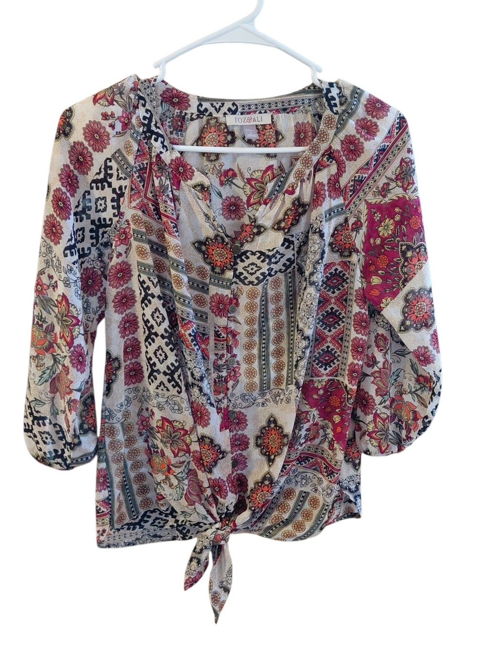 Roz & Ali Boho Style Multicolor Floral Tie-Front Blouse 3/4 Sleeve Size S